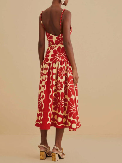 Unique Ethnic Print Beaded Suspender Midi Dress