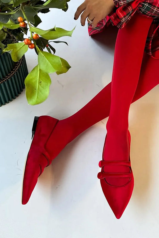 Two Straps Buckles Solid Color Pointed Toe Red Flats [Pre Order]