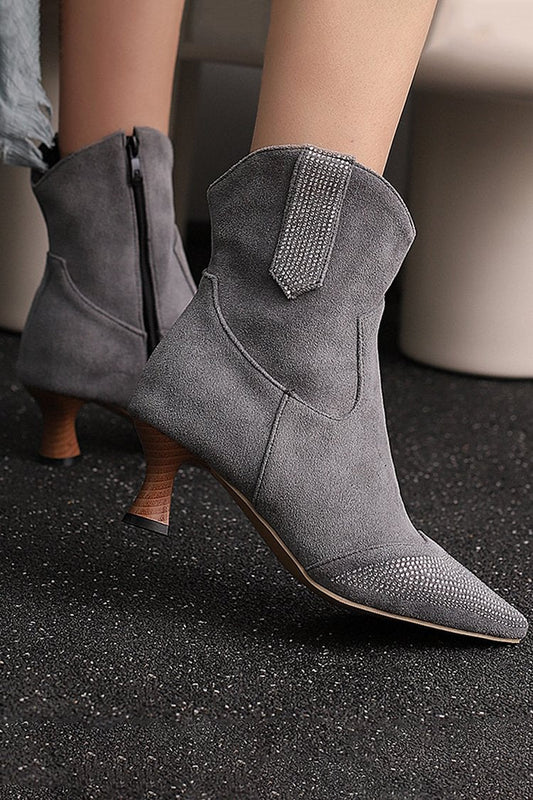 Rhinestone Decor Patchwork Pointed Toe Zipper Ankle Boots