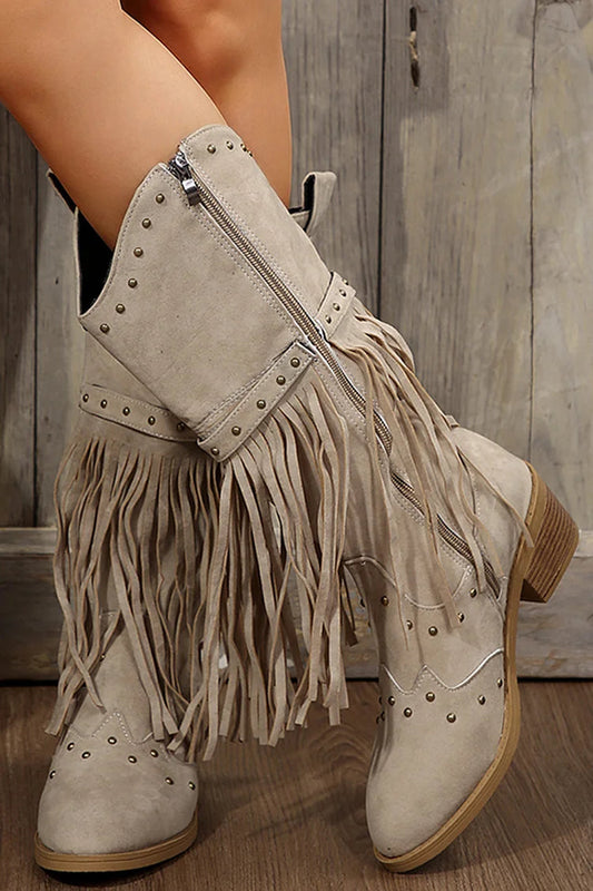 Metallic Studded Fringed Trim Patchwork Zipper Mid Calf Boots