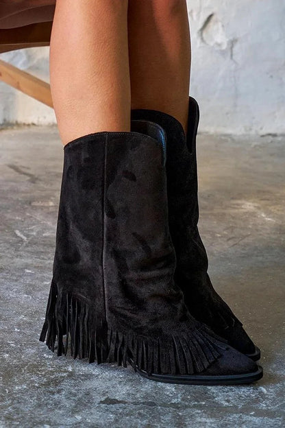 Fringed Trim Fold Over Pointed Toe Black Western Boots [Pre Order]