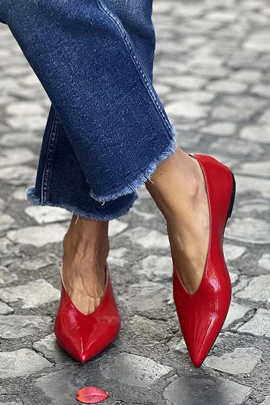 Glossy Pointy Toe V Cut Slip On Red Flats [Pre Order]