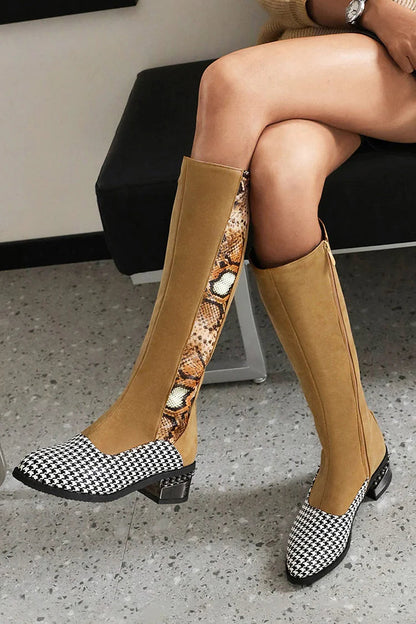 Animal Print Patchwork Pointed Toe Chunky Heel Knee High Boots