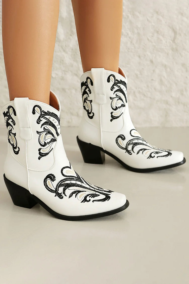 Embroidery Metallic Studded Square Toe Chunky Heel Western Boots