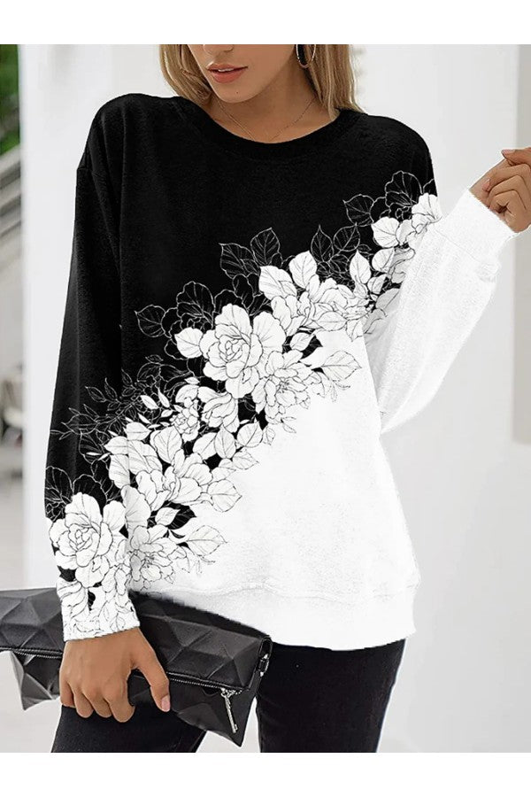 Elegant Floral Print Round Neck Cotton-blend Vacation Sweatshirt