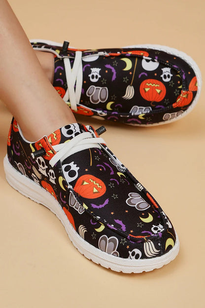 Halloween Element Pumpkin Ghost Skull Print Lace Up Canvas Casual Shoes