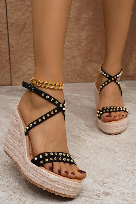 Studded Decor Cross Strap Buckle Platform Espadrille Wedge Sandals