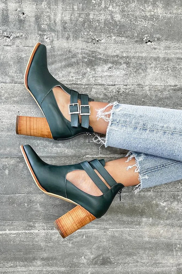 Two Straps Buckles Pointed Toe Dark Green Ankle Boots [Pre Order]