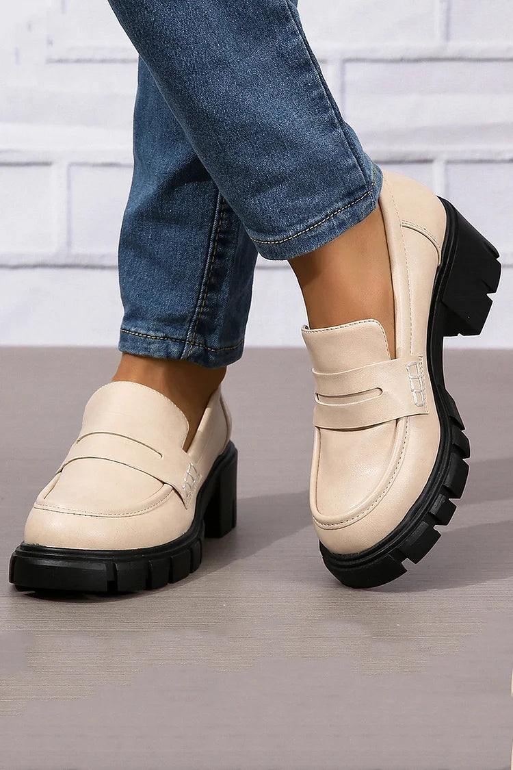 Casual Patchwork Round Toe Plain Chunky Heels Loafers