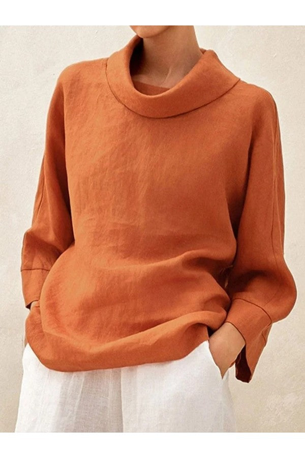 Cotton and Linen Mock Neck Top Casual Daily Wear