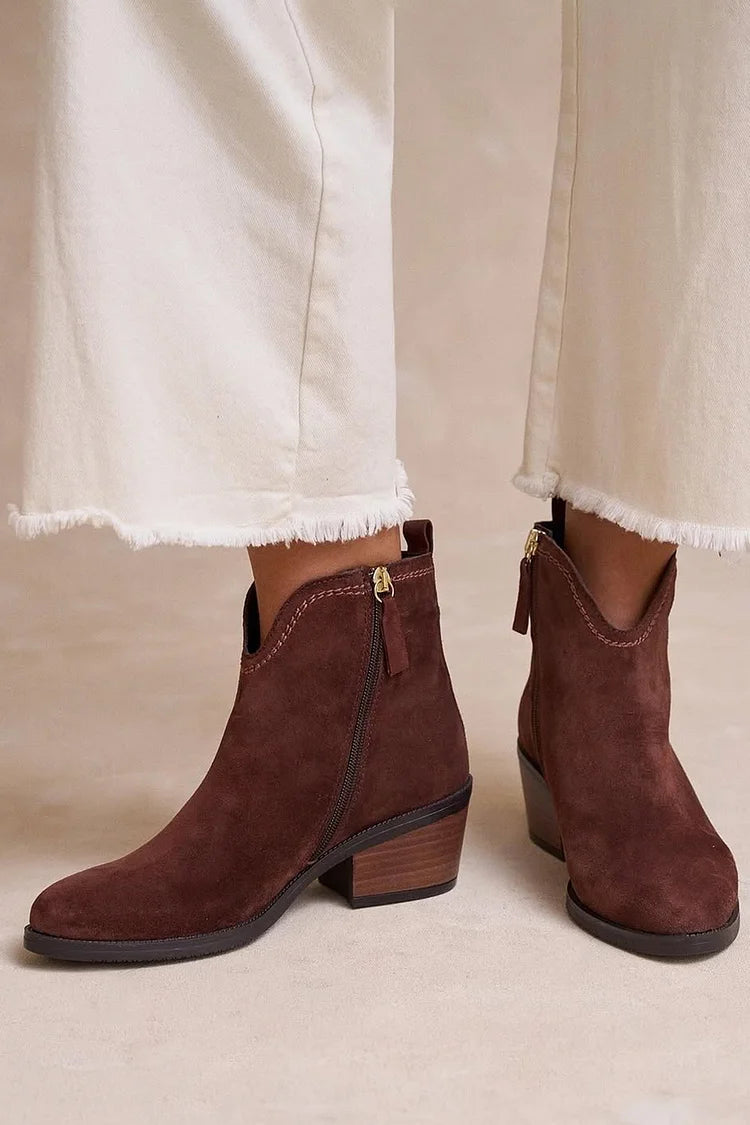 Solid Color V Cut Plain Dark Brown Chunky Heels Boots [Pre Order]