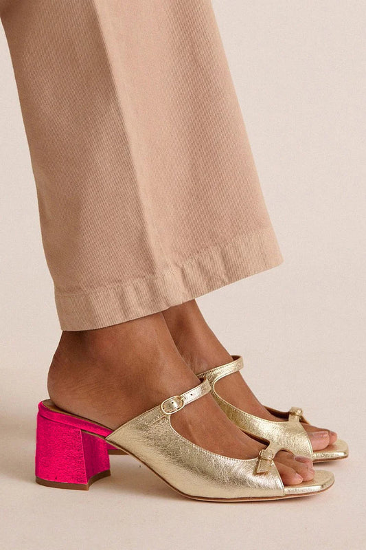 Scarpe con tacco largo colorblock cut out e punta aperta slingback dorate [Pre-ordine] 