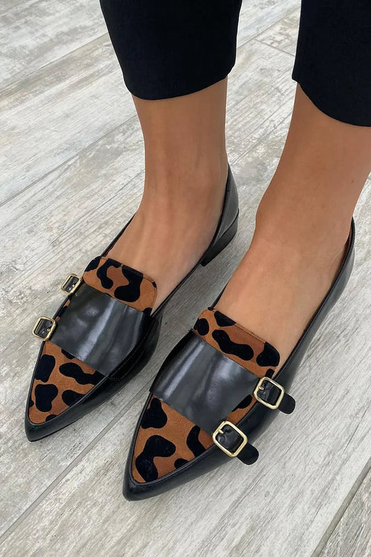 Pointed Toe Patchwork Leopard Print Black Flats [Pre Order]