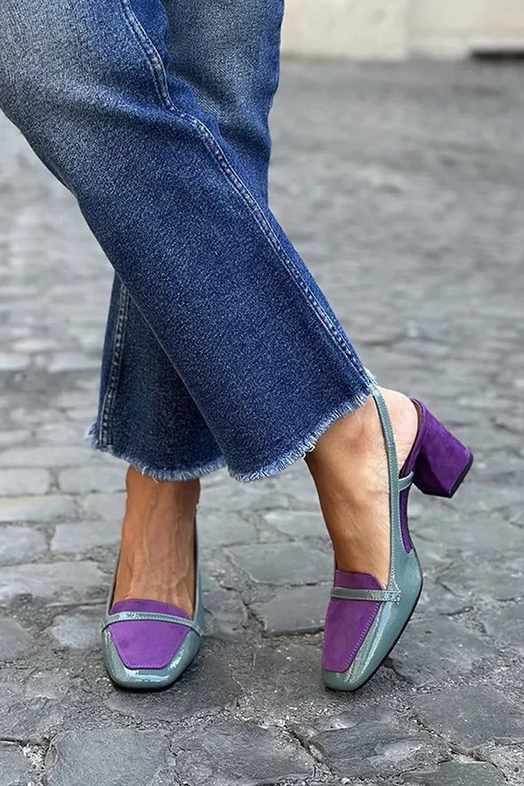 Patchwork Square Toe Slingback Purple Chunky Heels