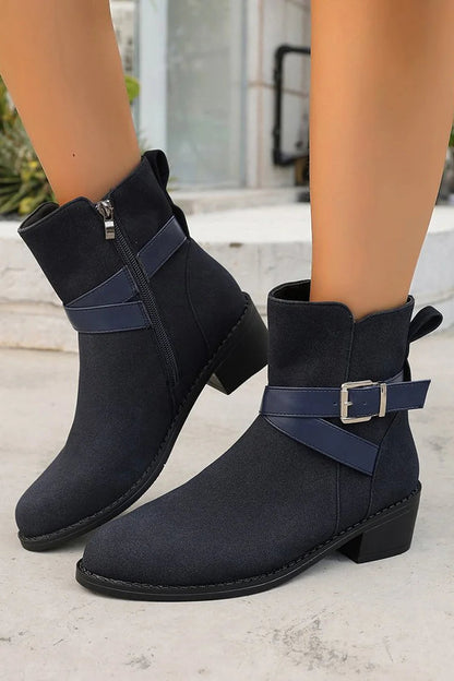 Patchwork Crossover Strap Buckle Pointed Toe Chunky Heel Mid Boots