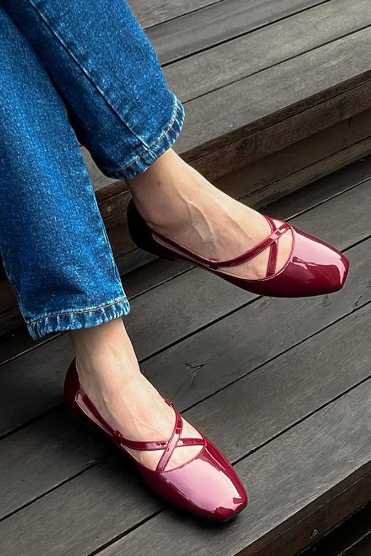 Crossover Strap Buckle Solid Color Square Toe Burgundy Flats [Pre Order]
