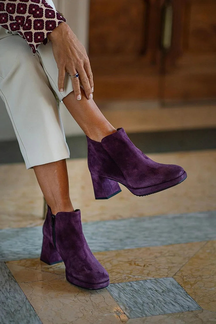 Solid Color Zipper Round Toe Purple Chunky Heels Boots [Pre Order]