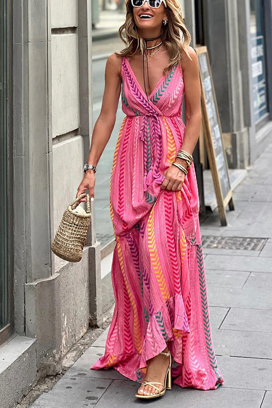 Vestido listrado verão rosa sem mangas com decote em V