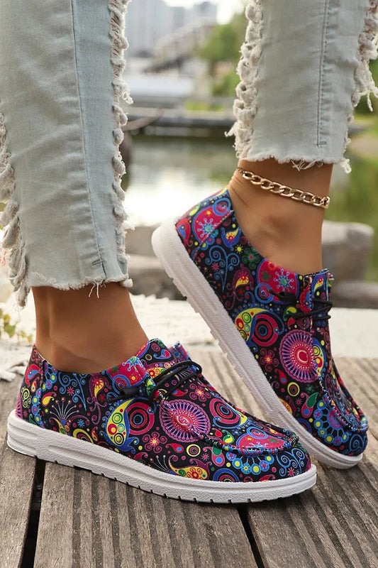 Multicolor Tribal Print Round Toe Lace Up Canvas Sneakers