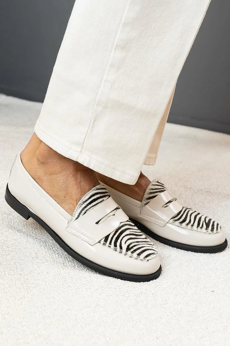 Round Toe Patchwork Zebra Print White Loafers [Pre Order]