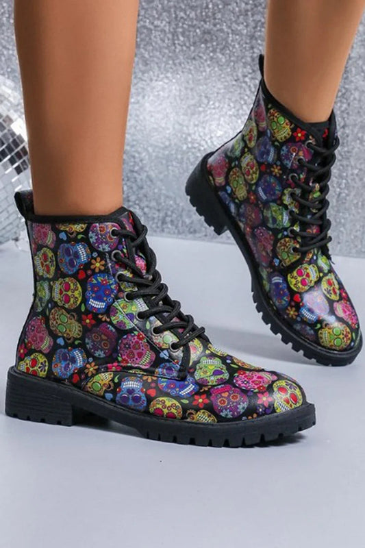 Halloween Colourful Graffiti Skull Print Lace Up Ankle Boots