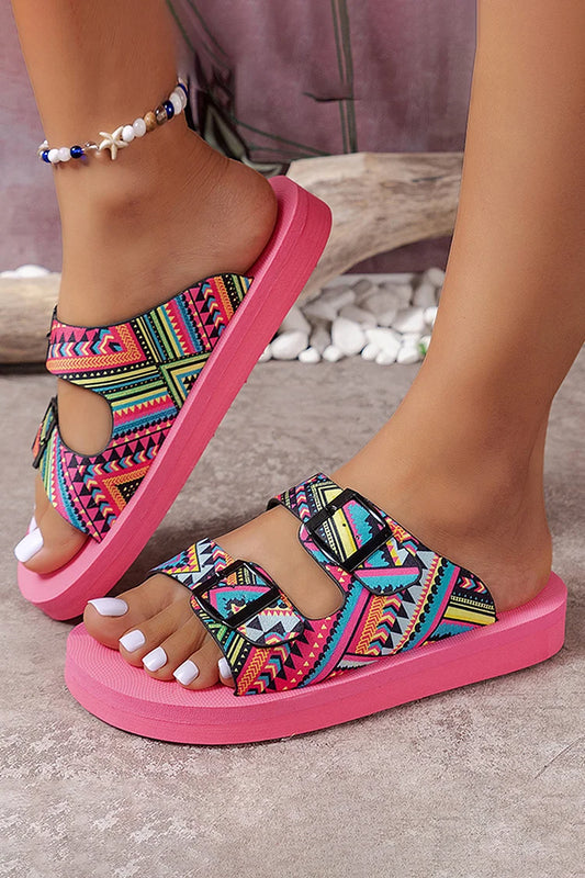 Multicolor Ethnic Print Round Toe Buckle Beach Slippers