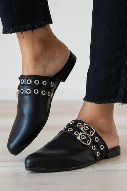 Eyelets Straps Buckles Decor Pointed Toe Black Mules