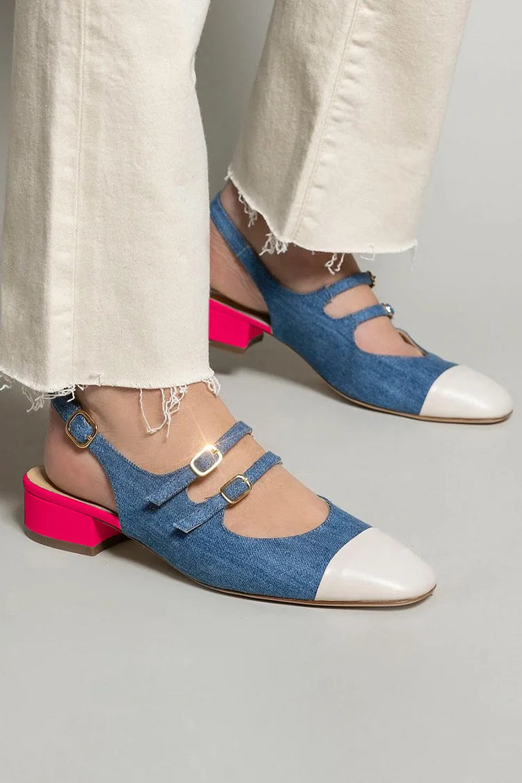 Instep Straps Buckles Colorblock Slingback Blue Low Heels [Pre Order]