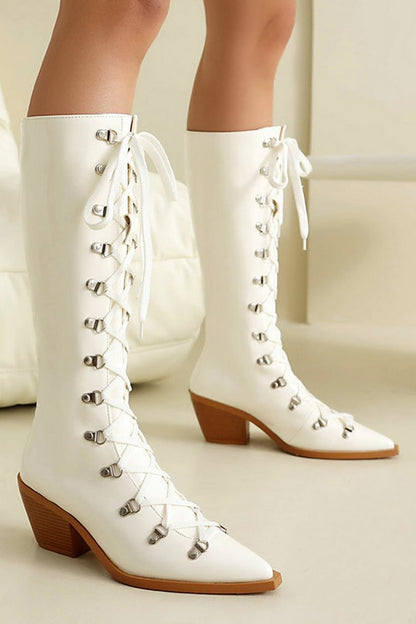 Solid Color Pointed Toe Chunky Heel Lace Up Knee High Boots