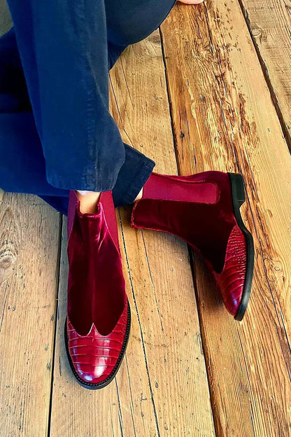 Crocodile Print Velvet Patchwork Burgundy Ankle Boots [Pre Order]