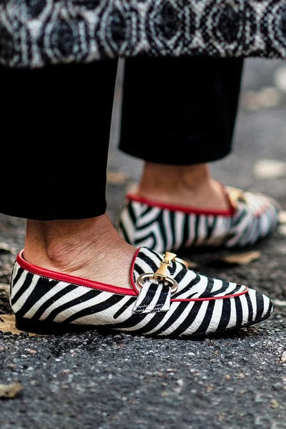 Zebra Print Metal Buckle Decor Round Toe White Loafers [Pre Order]