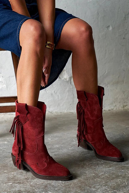 Fringe Patchwork Pointed Toe Burgundy Western Boots [Pre Order]