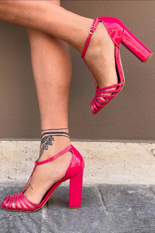T-Strap Buckle Peep Toe Hollow Out Fuchsia Chunky Heels [Pre Order]