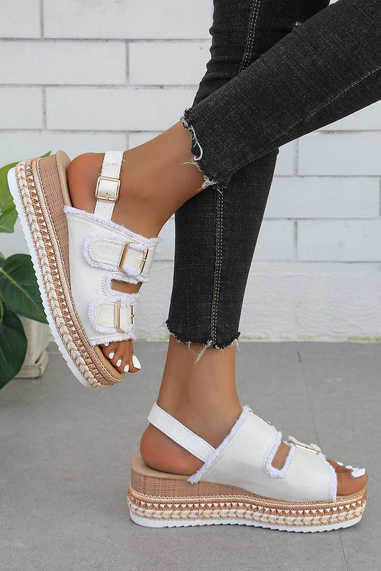 Frayed Raw Trim Buckles Peep Toe Slingback Strap Wedge Denim Sandals