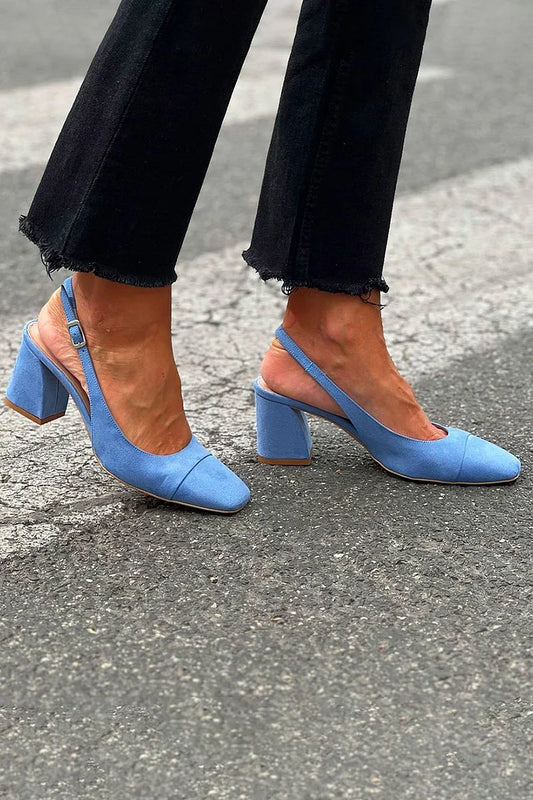 Square Toe Patchwork Slingback Blue Chunky Heels [Pre Order]