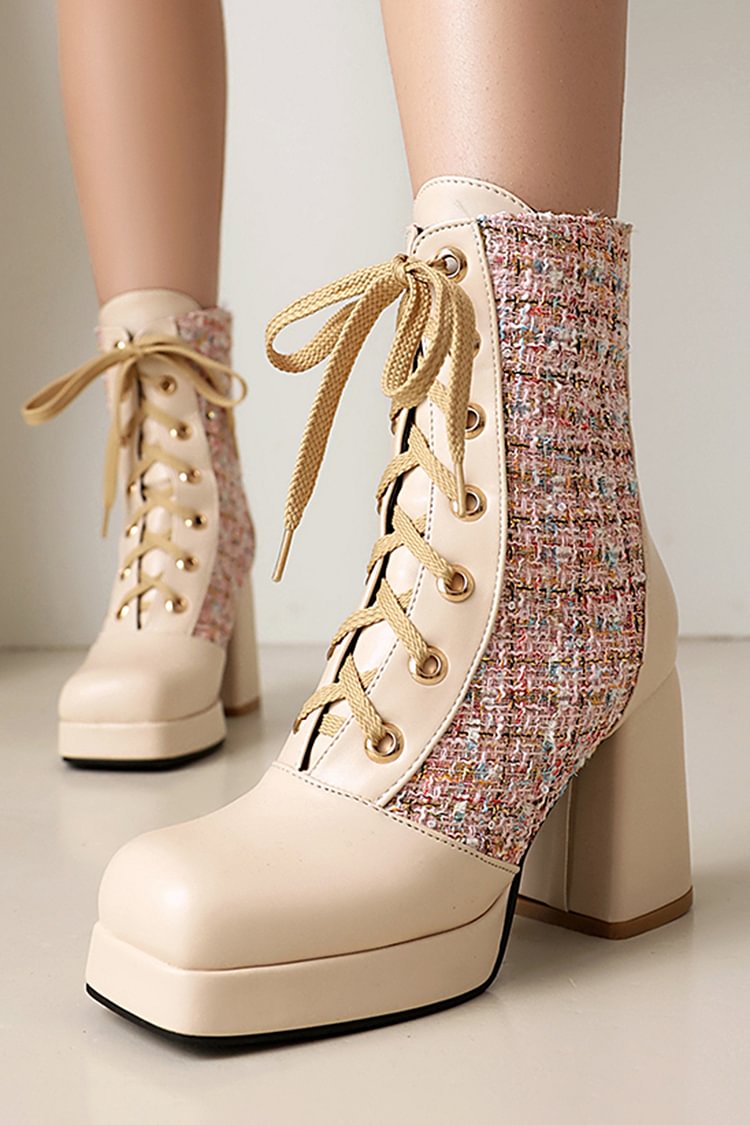 Patchwork Square Toe Chunky Heel Lace Up Mid Calf Boots