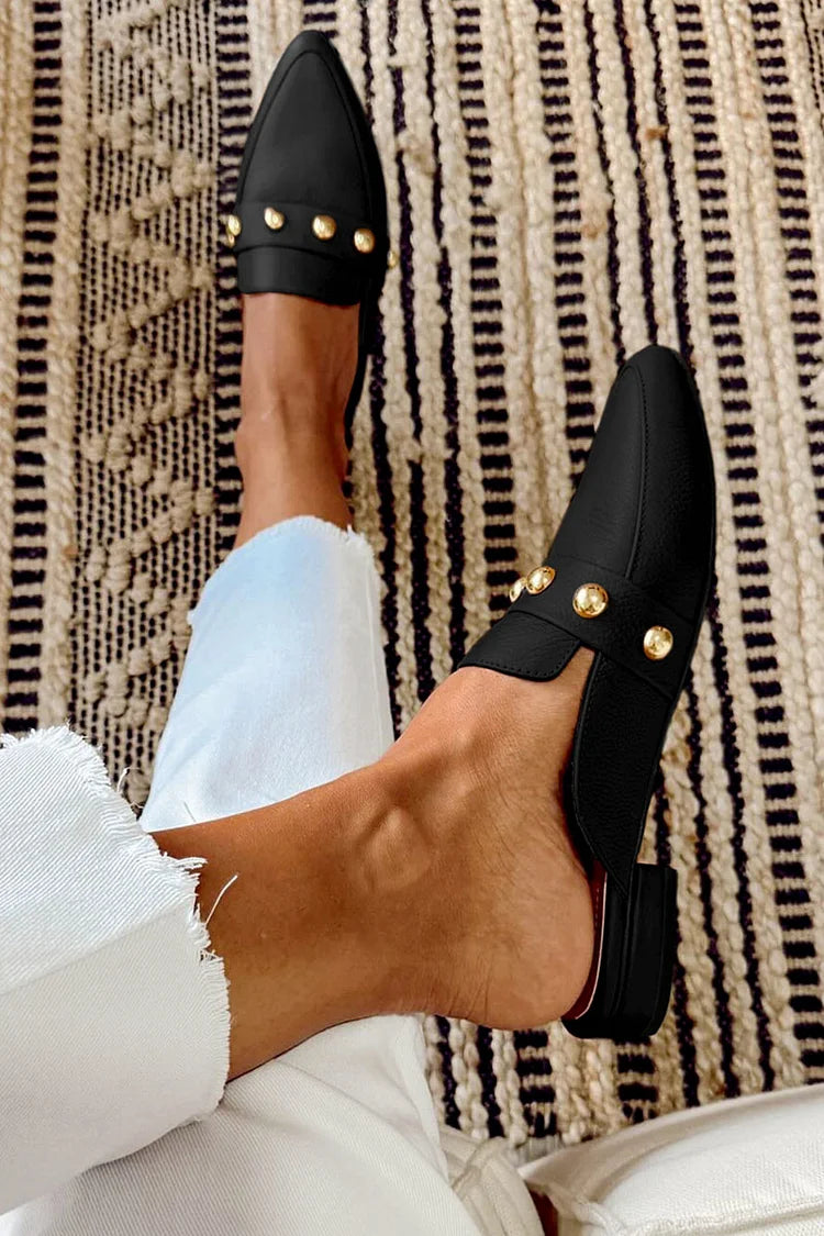 Metallic Studded Pointed Toe Low Block Heels Black Mules [Pre Order]