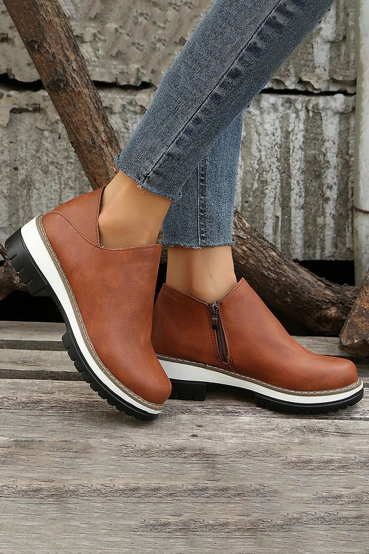 Patchwork Round Toe Chunky Heel Zipper Casual Ankle Boots