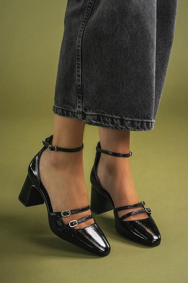 Multi Straps Buckles Solid Color Black Chunky Heels [Pre Order]