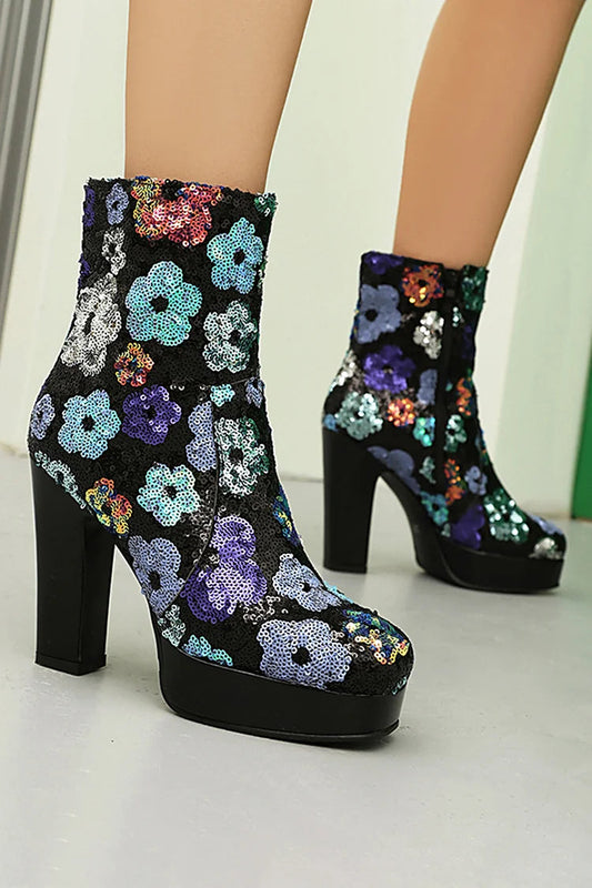 Multicolor Flower Sequins Square Toe Chunky Heel Ankle Boots