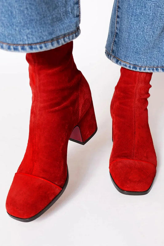 Solid Color Square Toe Red Chunky Heels Boots [Pre Order]