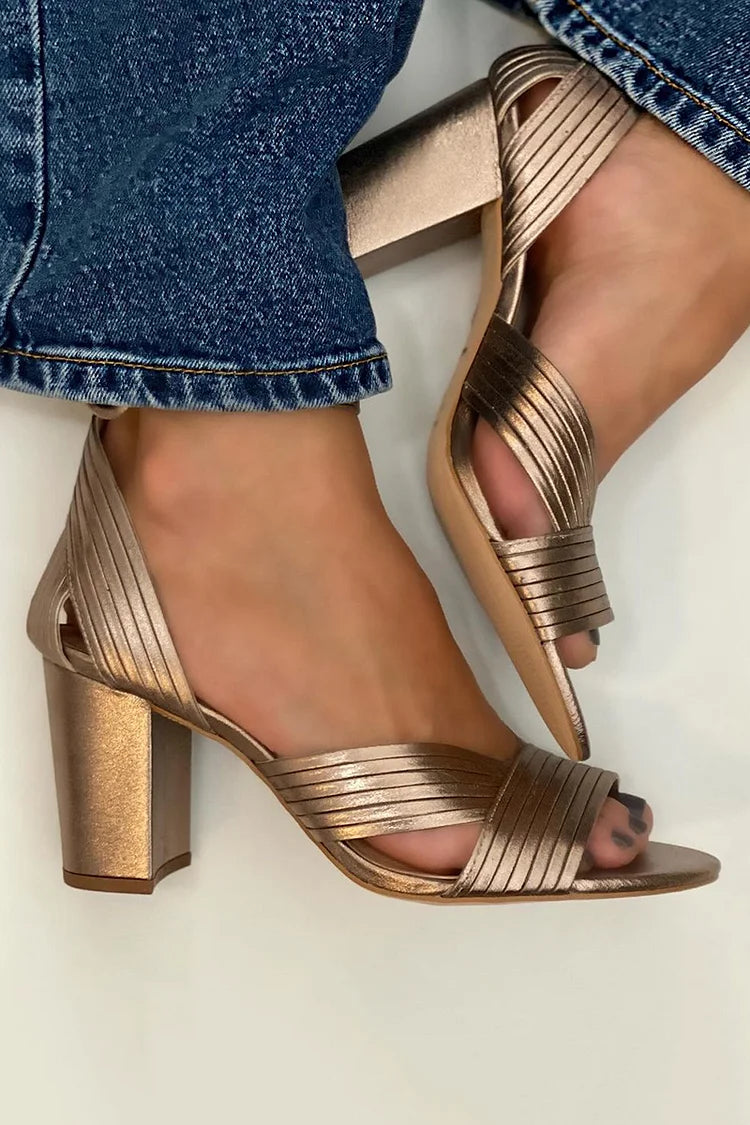 Textured Ribbed Peep Toe Ankle Strap Gold Sandals Heels