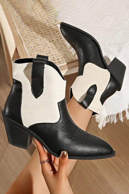 Colorblock Stitch Detail Pointed Toe Chunky Heel Mid Boots