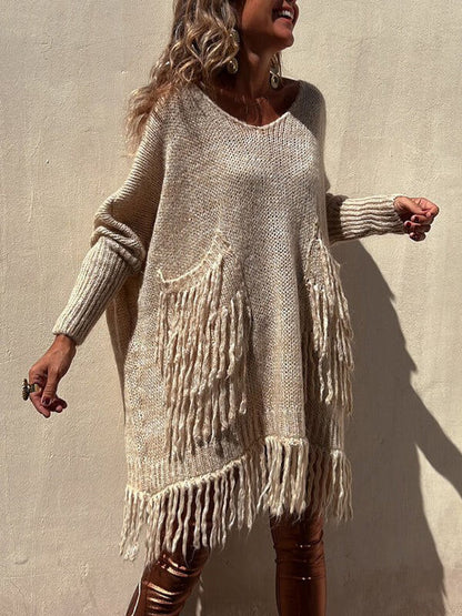 Tassel V-neck Loose Long Sweater