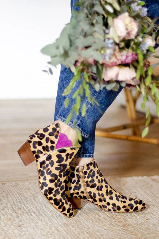 Leopard Print Patchwork Pointed Toe Beige Ankle Boots [Pre Order]