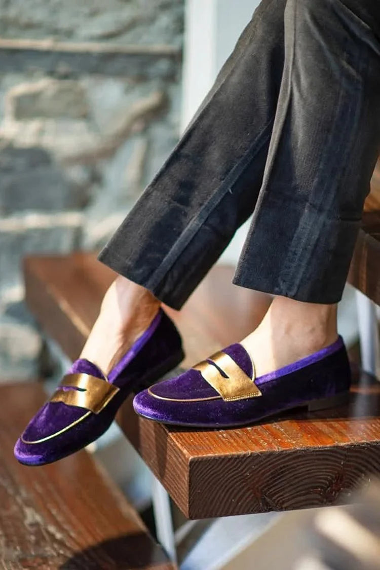 Round Toe Patchwork Velvet Casual Purple Loafers [Pre Order]