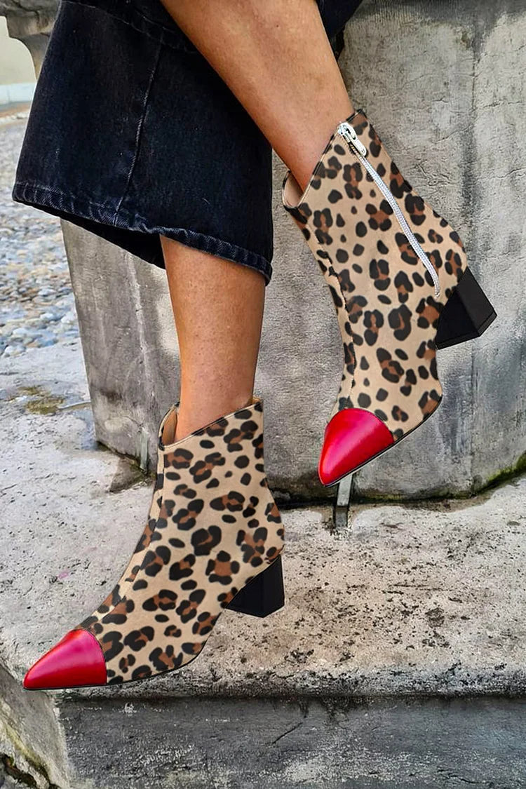 Pointed Toe Colorblock Leopard Print Khaki Heel Boots