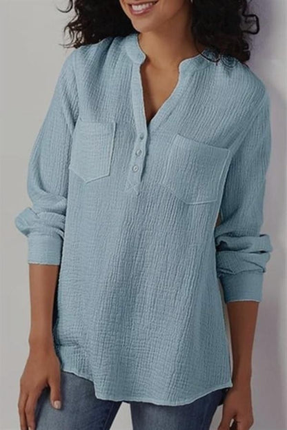 Women's V-neck Solid Color Pockets Long Sleeves Shirt