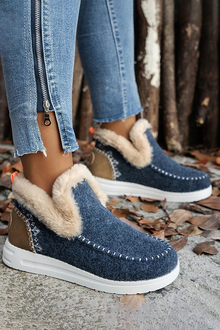 Fluffy Trim Stitch Detail Patchwork Round Toe Snow Boots