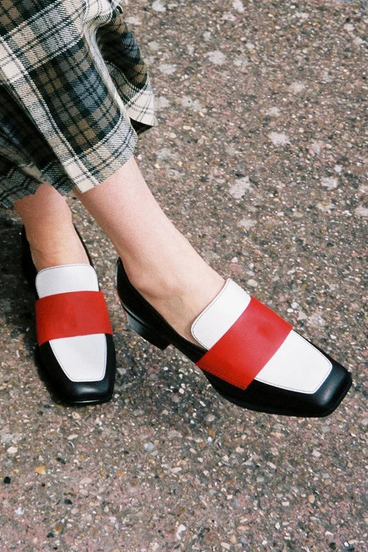 Patchwork Square Toe Colorblock Black Chunky Heels [Pre Order]